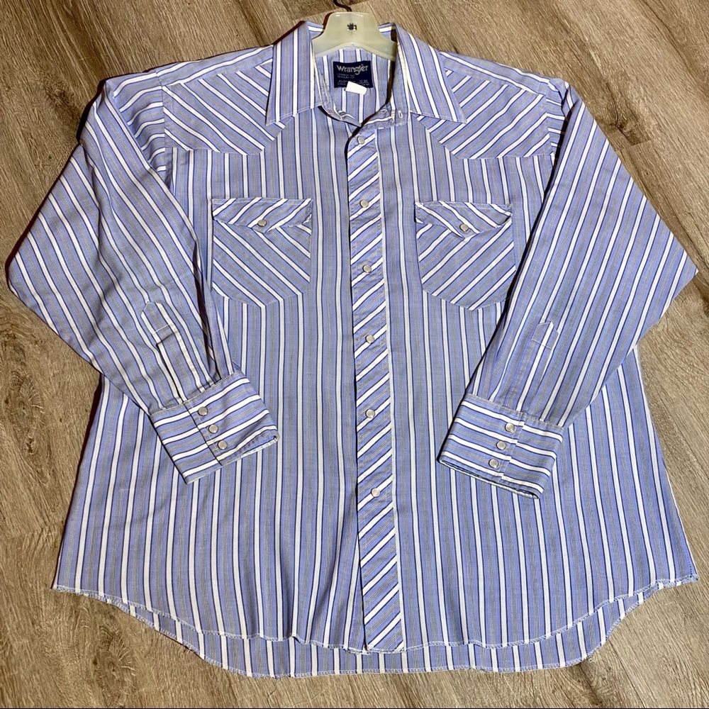 Vintage Wrangler Western Shirt 17-34 X Long Tails Cowboy Cut Striped Pearl Snap